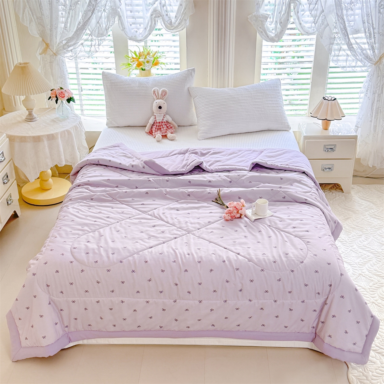 91家纺网 家纺一手货源 找家纺 优贝家纺 2026新款水洗棉云朵棉双层纱手包边抗菌夏凉被空调被 被子被芯 蝴蝶结