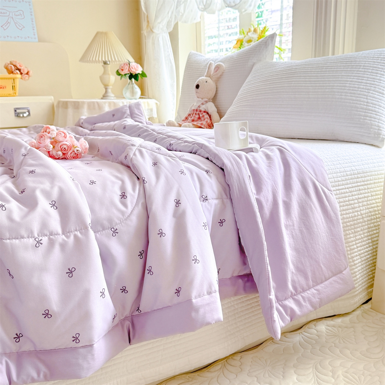 91家纺网 家纺一手货源 找家纺 优贝家纺 2026新款水洗棉云朵棉双层纱手包边抗菌夏凉被空调被 被子被芯 蝴蝶结