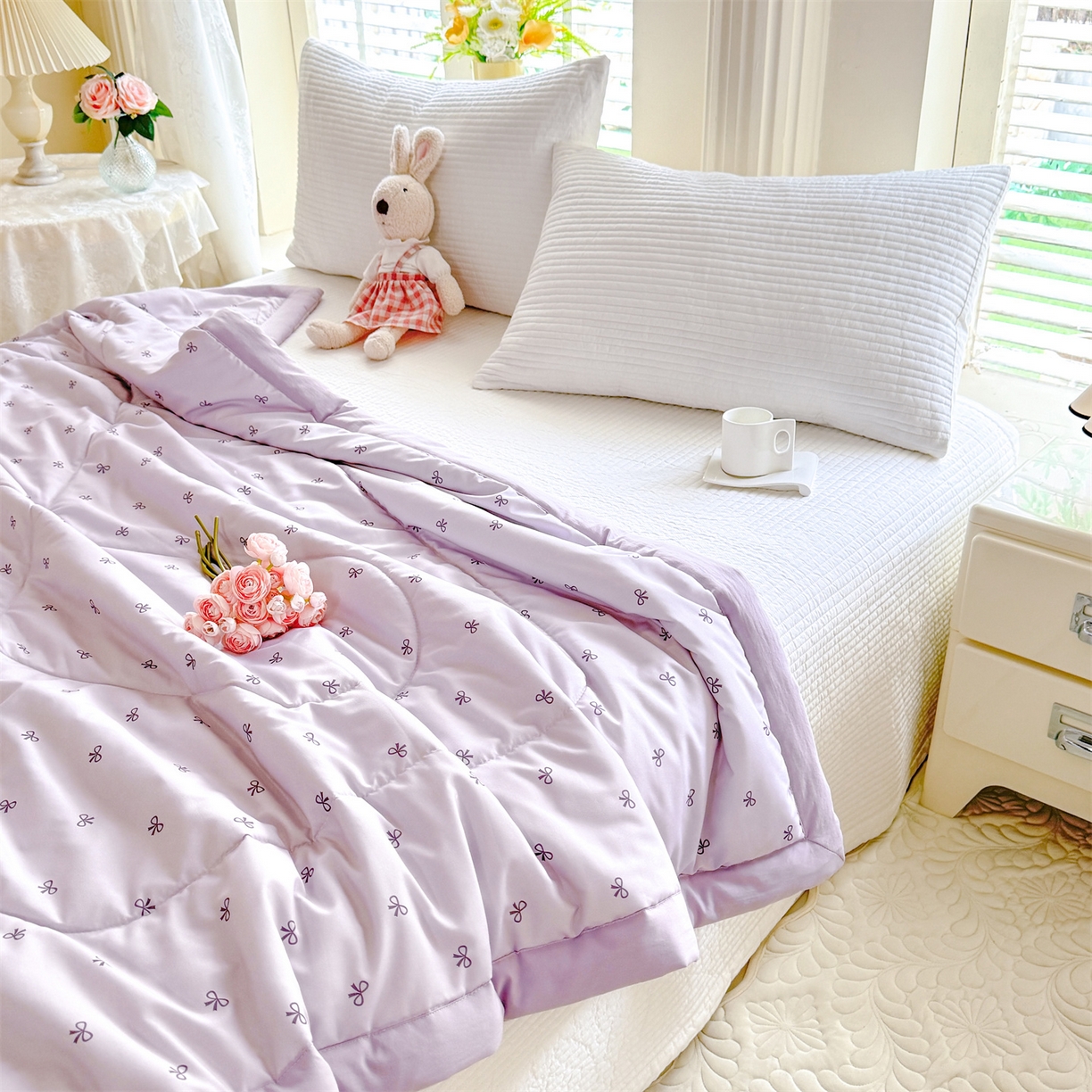 91家纺网 家纺一手货源 找家纺 优贝家纺 2026新款水洗棉云朵棉双层纱手包边抗菌夏凉被空调被 被子被芯 蝴蝶结