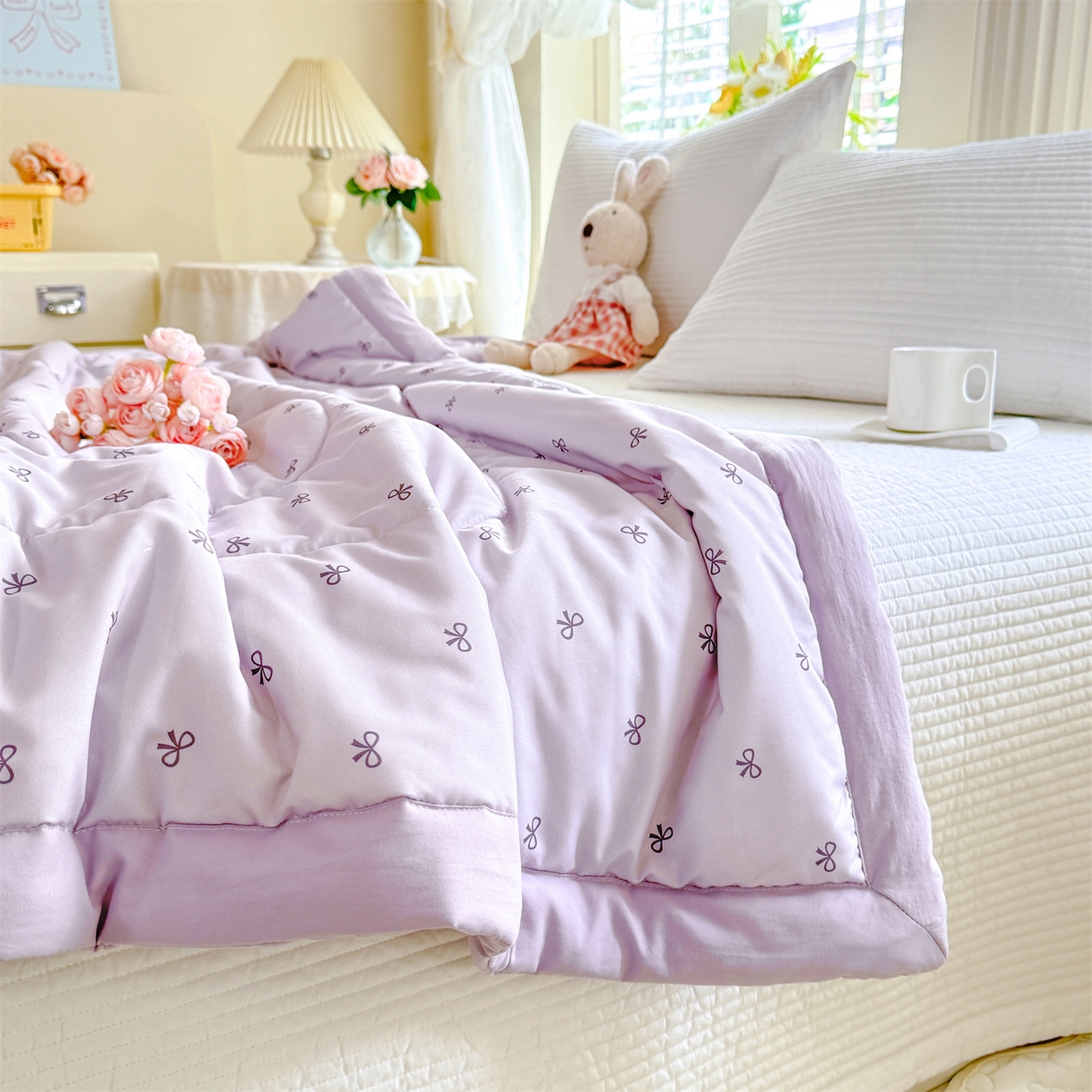 91家纺网 家纺一手货源 找家纺 优贝家纺 2026新款水洗棉云朵棉双层纱手包边抗菌夏凉被空调被 被子被芯 蝴蝶结