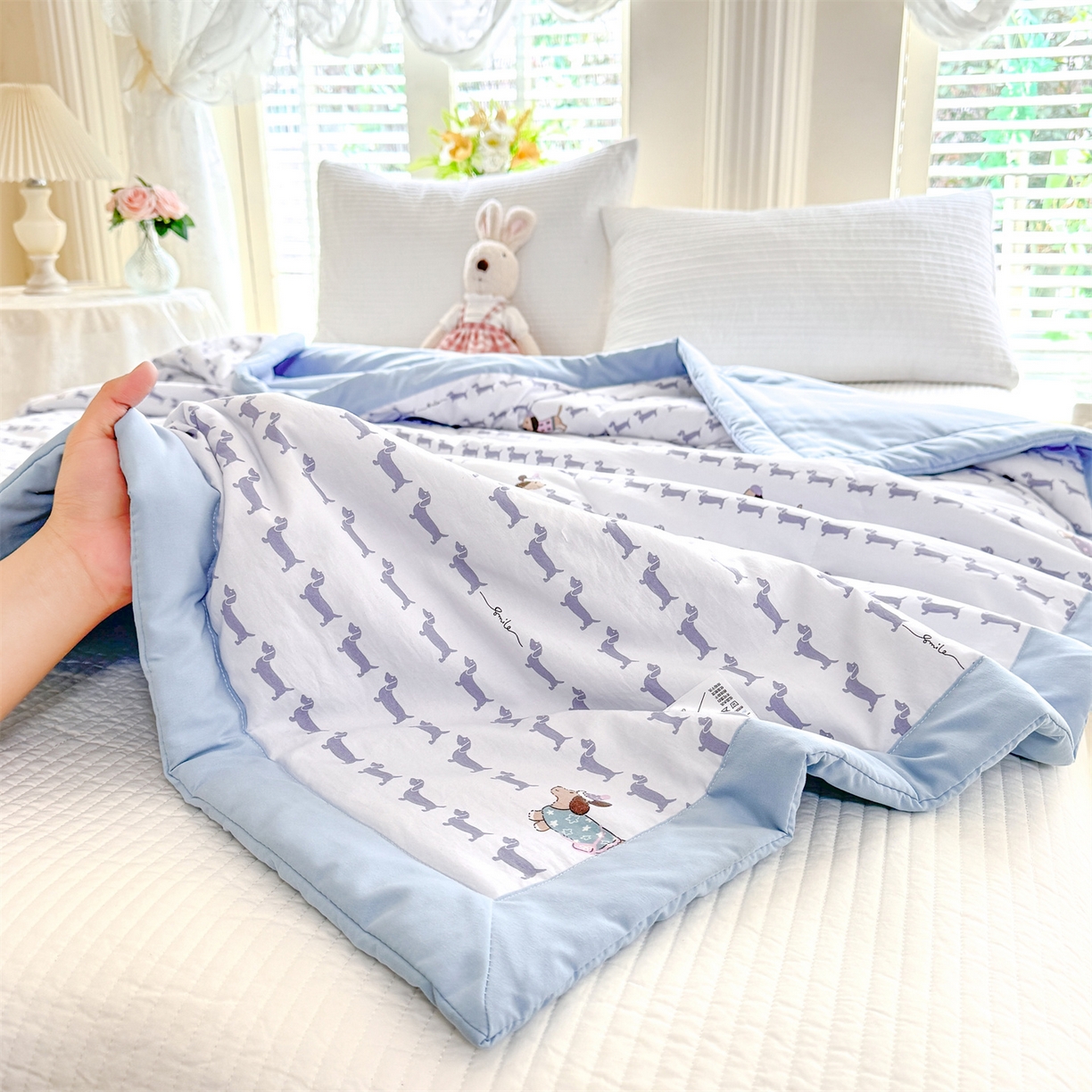 91家纺网 家纺一手货源 找家纺 优贝家纺 2026新款水洗棉云朵棉双层纱手包边抗菌夏凉被空调被 被子被芯 腊肠狗