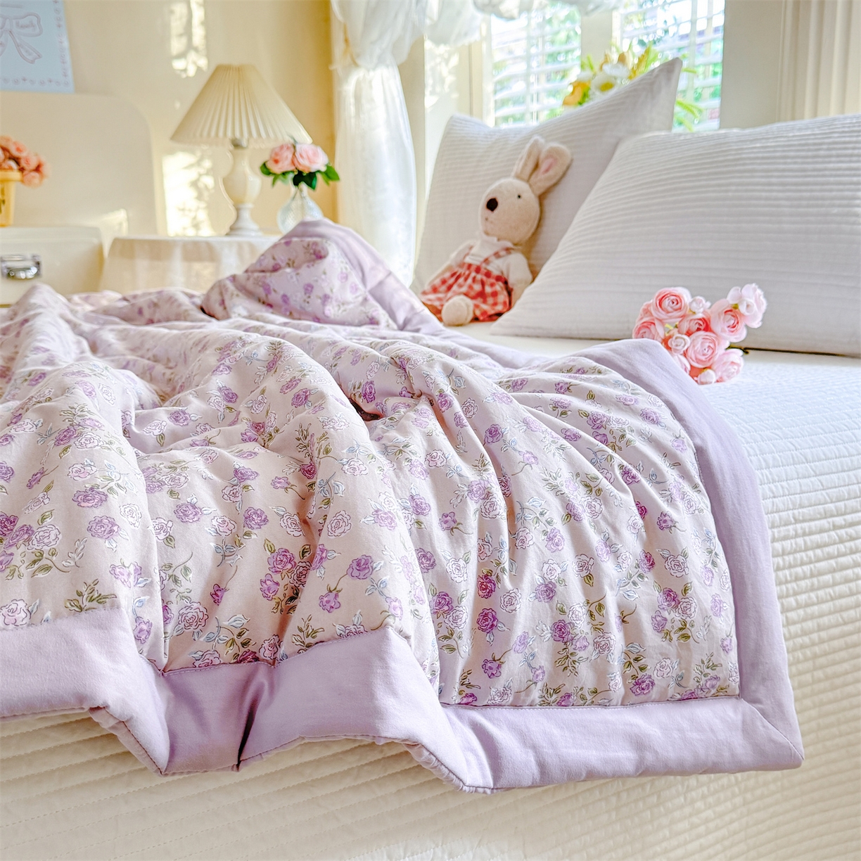 91家纺网 家纺一手货源 找家纺 优贝家纺 2026新款水洗棉云朵棉双层纱手包边抗菌夏凉被空调被 被子被芯 花香丽影