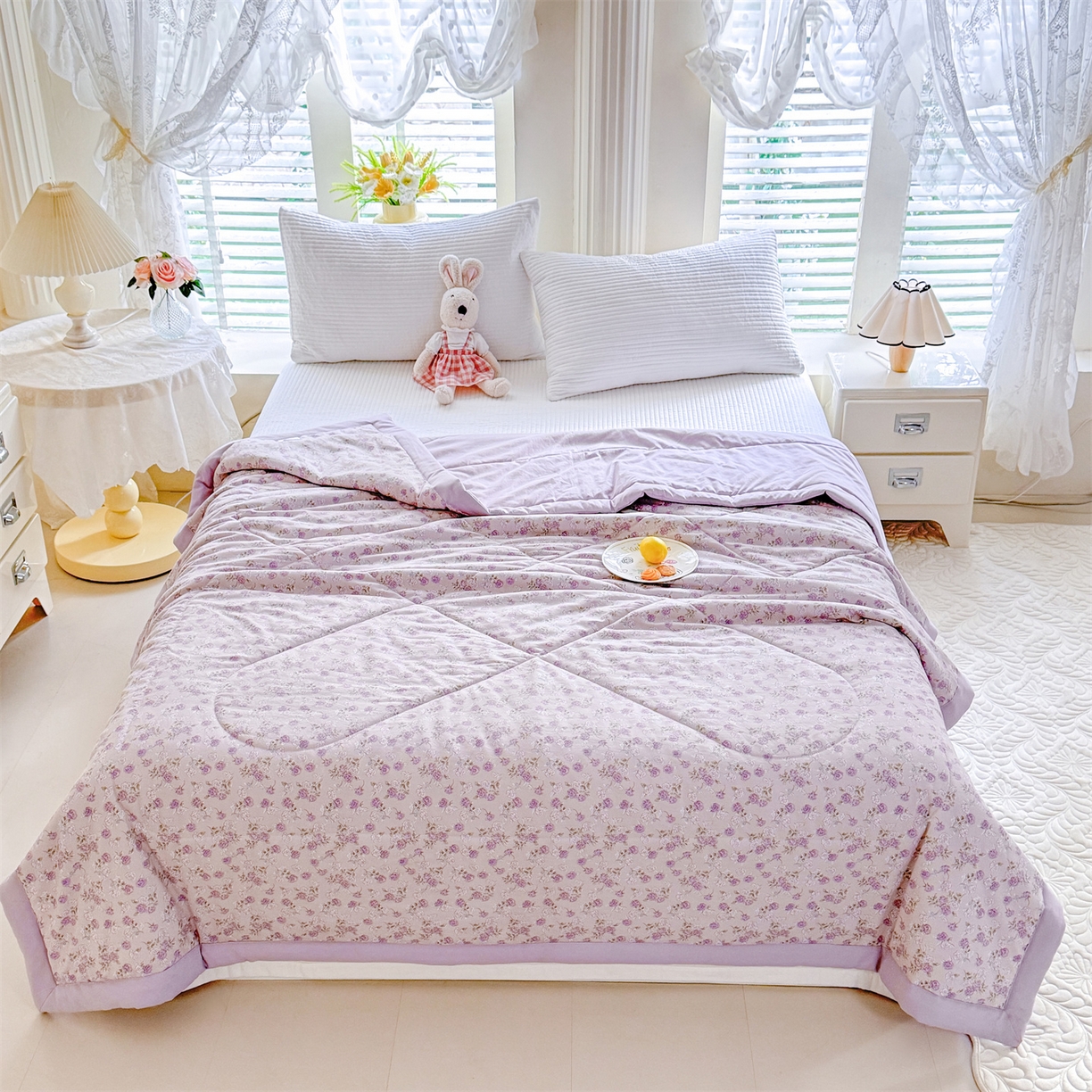 91家纺网 家纺一手货源 找家纺 优贝家纺 2026新款水洗棉云朵棉双层纱手包边抗菌夏凉被空调被 被子被芯 花香丽影