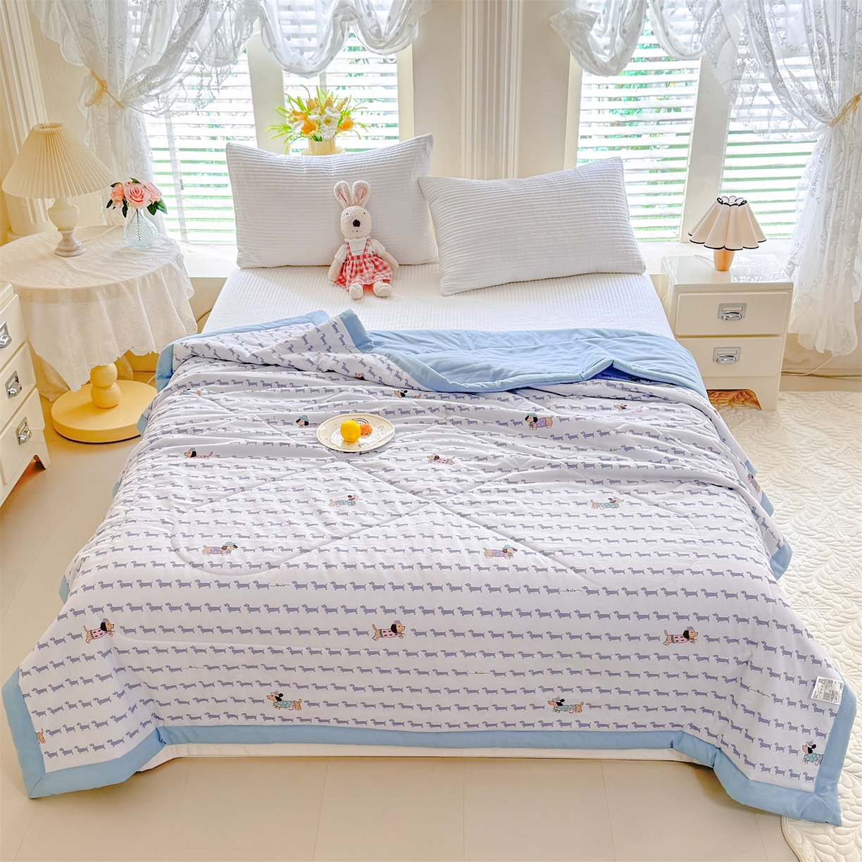 91家纺网 家纺一手货源 找家纺 优贝家纺 2026新款水洗棉云朵棉双层纱手包边抗菌夏凉被空调被 被子被芯 腊肠狗