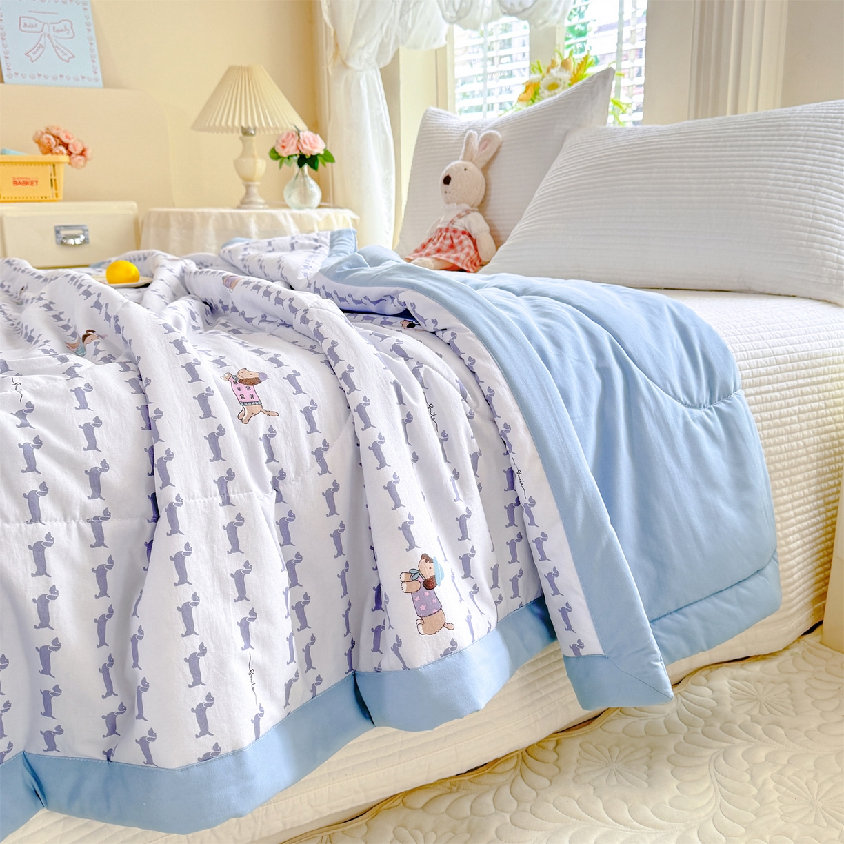 91家纺网 家纺一手货源 找家纺 优贝家纺 2026新款水洗棉云朵棉双层纱手包边抗菌夏凉被空调被 被子被芯 腊肠狗