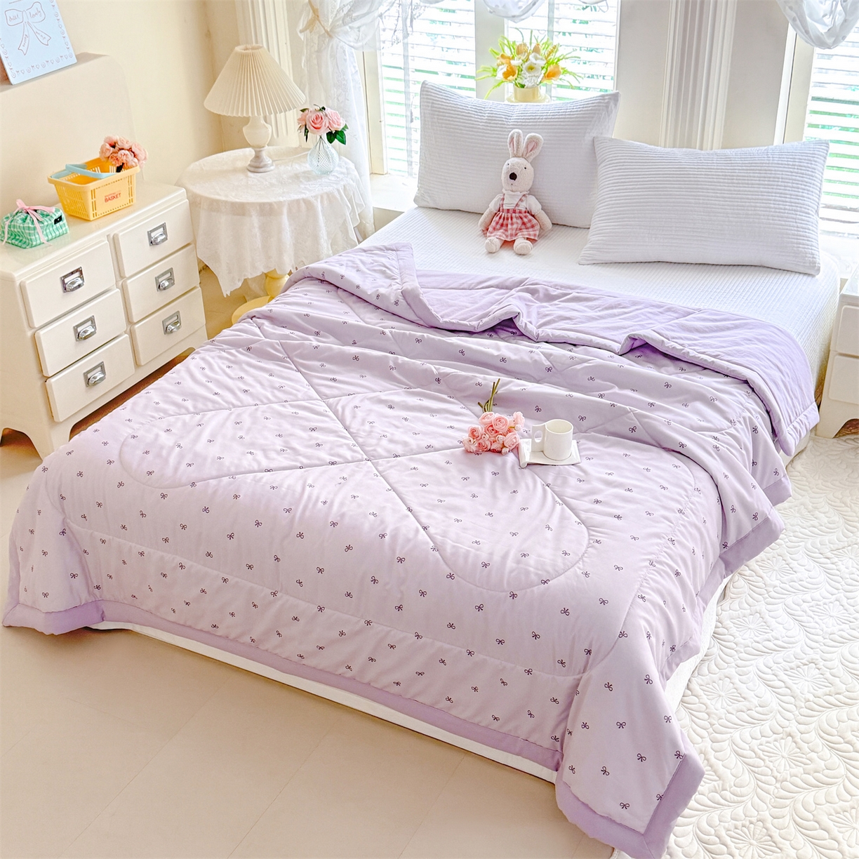 91家纺网 家纺一手货源 找家纺 优贝家纺 2026新款水洗棉云朵棉双层纱手包边抗菌夏凉被空调被 被子被芯 蝴蝶结