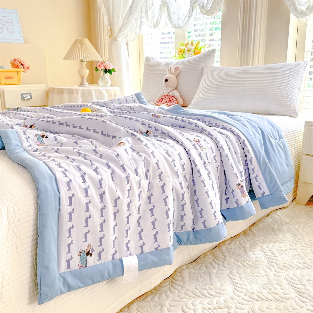 91家纺网 家纺一手货源 找家纺 优贝家纺 2026新款水洗棉云朵棉双层纱手包边抗菌夏凉被空调被 被子被芯 腊肠狗