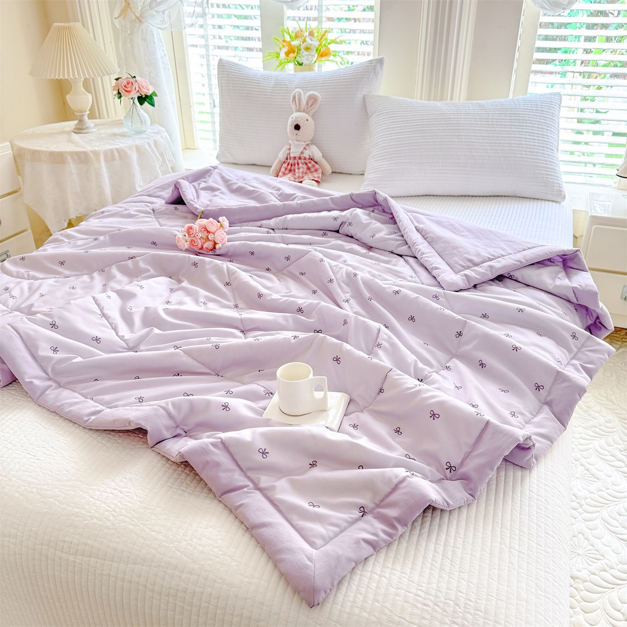 91家纺网 家纺一手货源 找家纺 优贝家纺 2026新款水洗棉云朵棉双层纱手包边抗菌夏凉被空调被 被子被芯 蝴蝶结