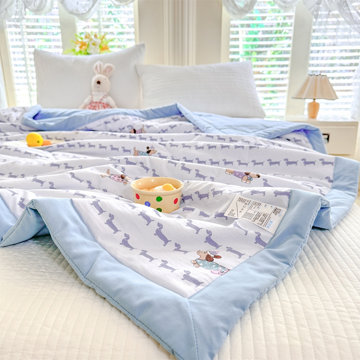 91家纺网 家纺一手货源 找家纺 优贝家纺 2026新款水洗棉云朵棉双层纱手包边抗菌夏凉被空调被 被子被芯 腊肠狗