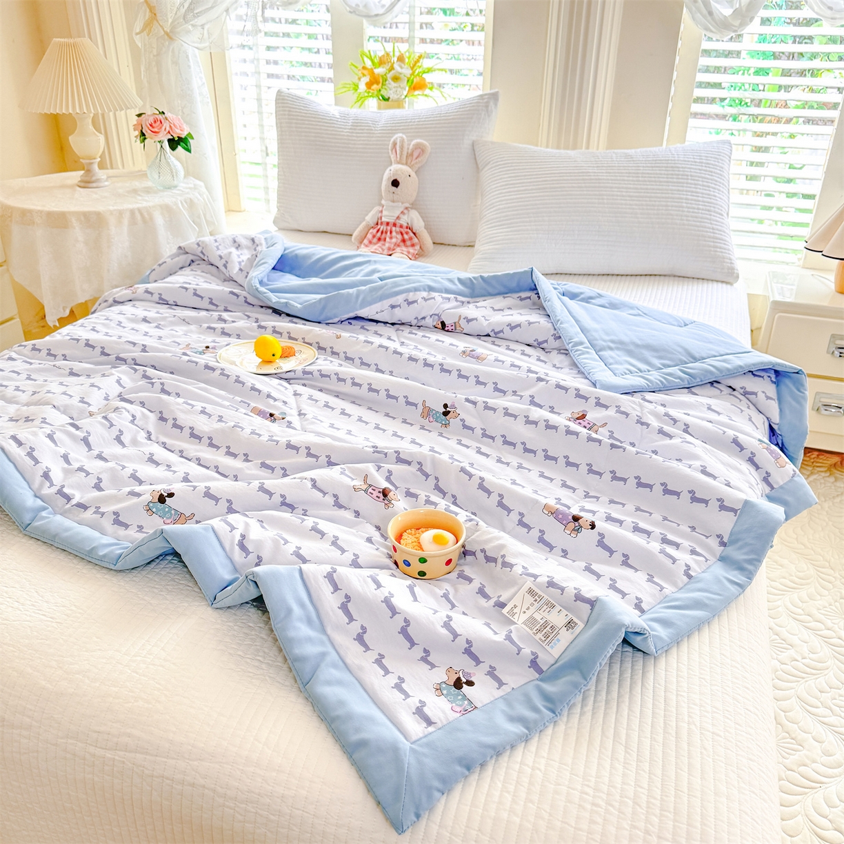 91家纺网 家纺一手货源 找家纺 优贝家纺 2026新款水洗棉云朵棉双层纱手包边抗菌夏凉被空调被 被子被芯 腊肠狗