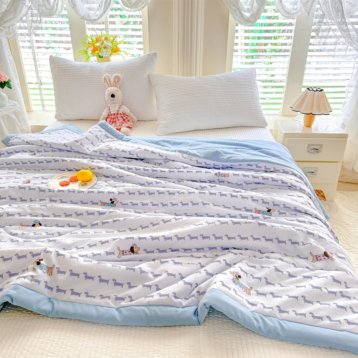 91家纺网 家纺一手货源 找家纺 优贝家纺 2026新款水洗棉云朵棉双层纱手包边抗菌夏凉被空调被 被子被芯 腊肠狗