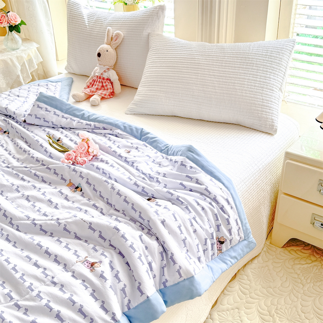 91家纺网 家纺一手货源 找家纺 优贝家纺 2026新款水洗棉云朵棉双层纱手包边抗菌夏凉被空调被 被子被芯 腊肠狗