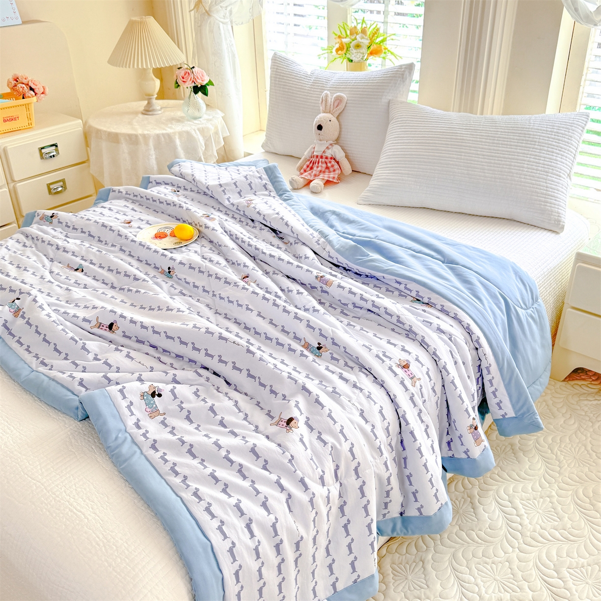 91家纺网 家纺一手货源 找家纺 优贝家纺 2026新款水洗棉云朵棉双层纱手包边抗菌夏凉被空调被 被子被芯 腊肠狗