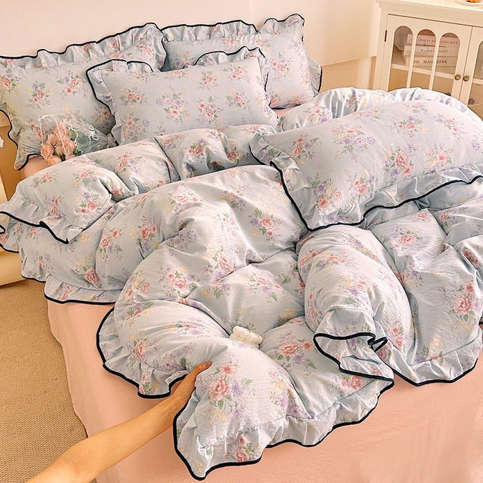 91家纺网 家纺一手货源 找家纺 （总）绘萱家居 2026直播爆款云感皱皱纱双层纱皱皱棉花边四件套印花水洗棉