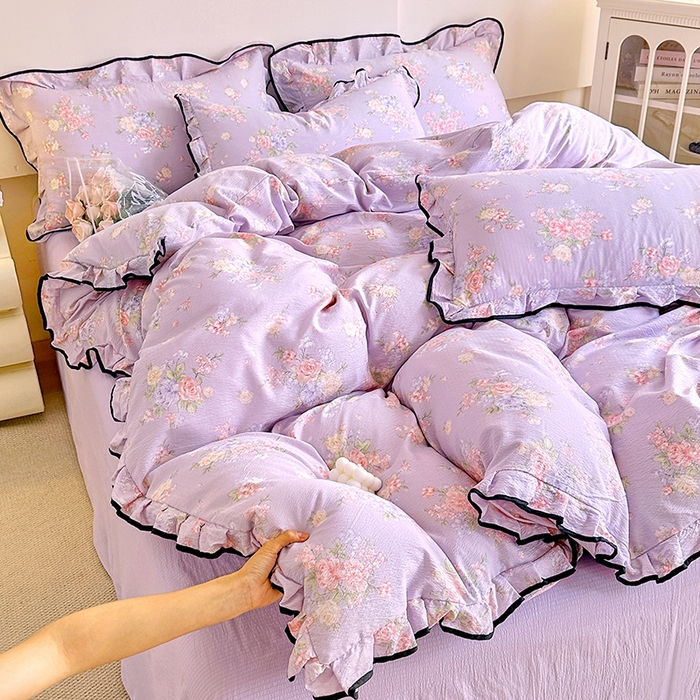 91家纺网 家纺一手货源 找家纺 （总）绘萱家居 2026直播爆款云感皱皱纱双层纱皱皱棉花边四件套印花水洗棉