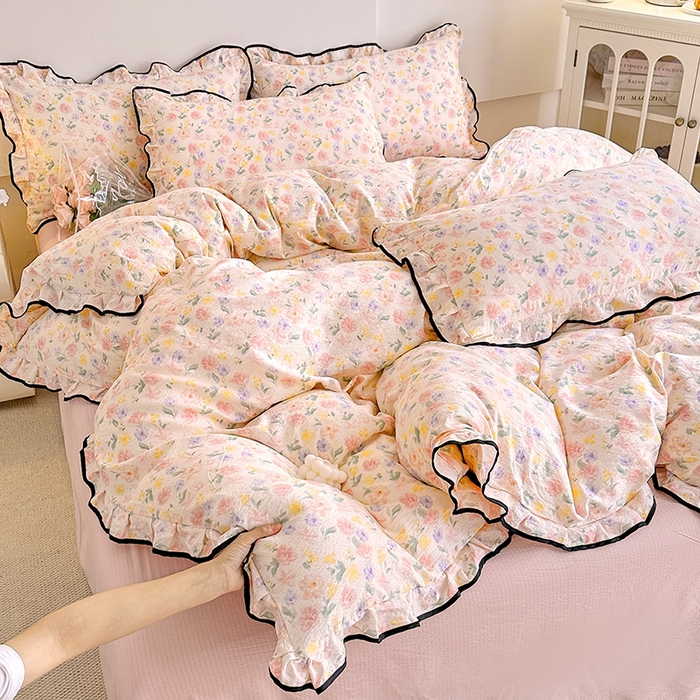 91家纺网 家纺一手货源 找家纺 （总）绘萱家居 2026直播爆款云感皱皱纱双层纱皱皱棉花边四件套印花水洗棉