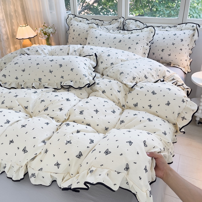 91家纺网 家纺一手货源 找家纺 （总）绘萱家居 2026直播爆款云感皱皱纱双层纱皱皱棉花边四件套印花水洗棉