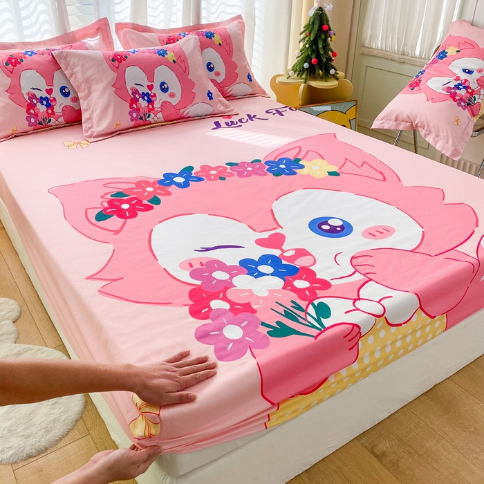 91家纺网 家纺一手货源 找家纺 一电 2026新款卡通磨毛床笠单品床笠单件-第一批 花朵狐
