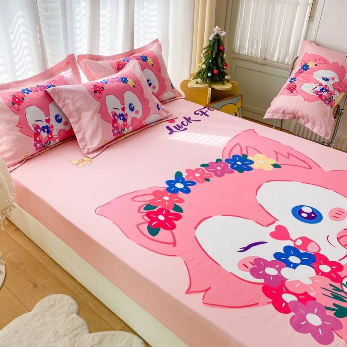 91家纺网 家纺一手货源 找家纺 一电 2026新款卡通磨毛床笠单品床笠单件-第一批 花朵狐