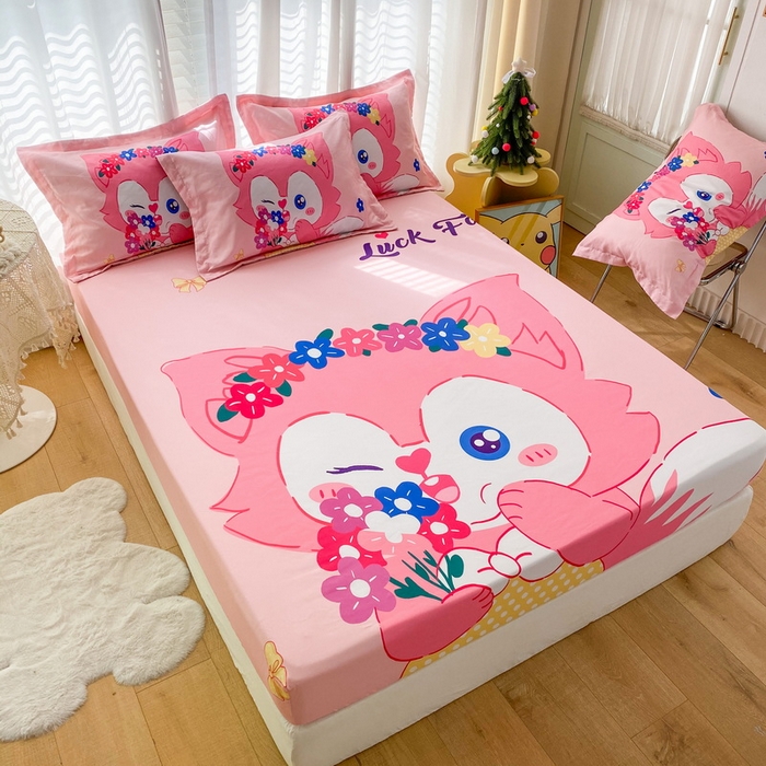 91家纺网 家纺一手货源 找家纺 一电 2026新款卡通磨毛床笠单品床笠单件-第一批 花朵狐
