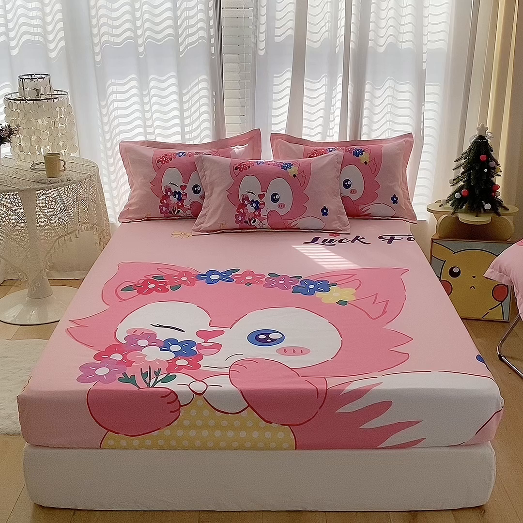 91家纺网 家纺一手货源 找家纺 一电 2026新款卡通磨毛床笠单品床笠单件-第一批 花朵狐