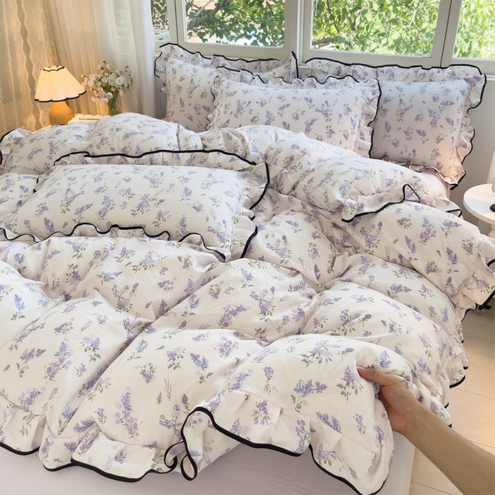 91家纺网 家纺一手货源 找家纺 （总）绘萱家居 2026直播爆款云感皱皱纱双层纱皱皱棉花边四件套印花水洗棉