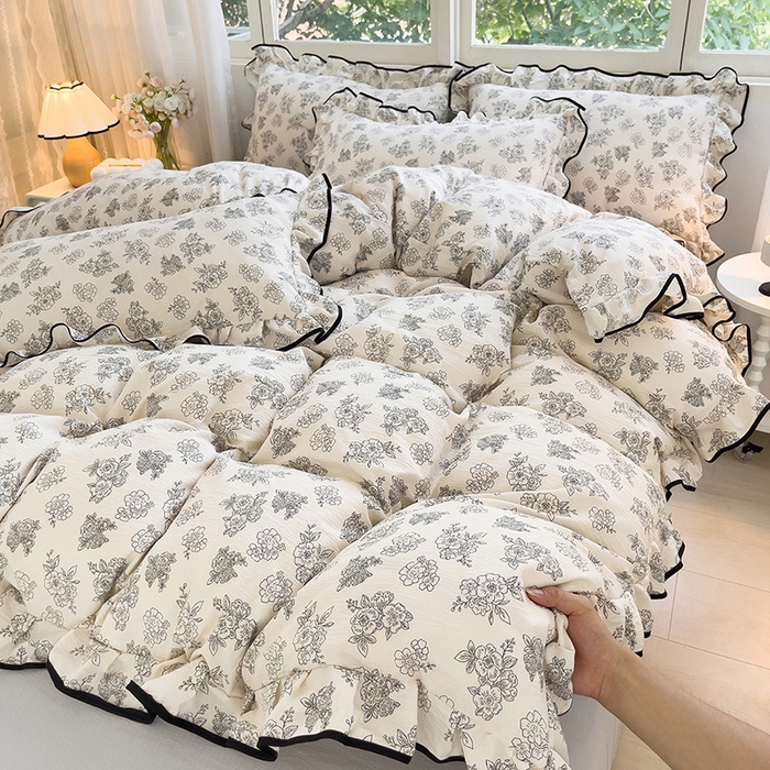 绘萱家居 2026直播爆款云感皱皱纱双层纱皱皱棉花边四件套印花水洗棉 赫本