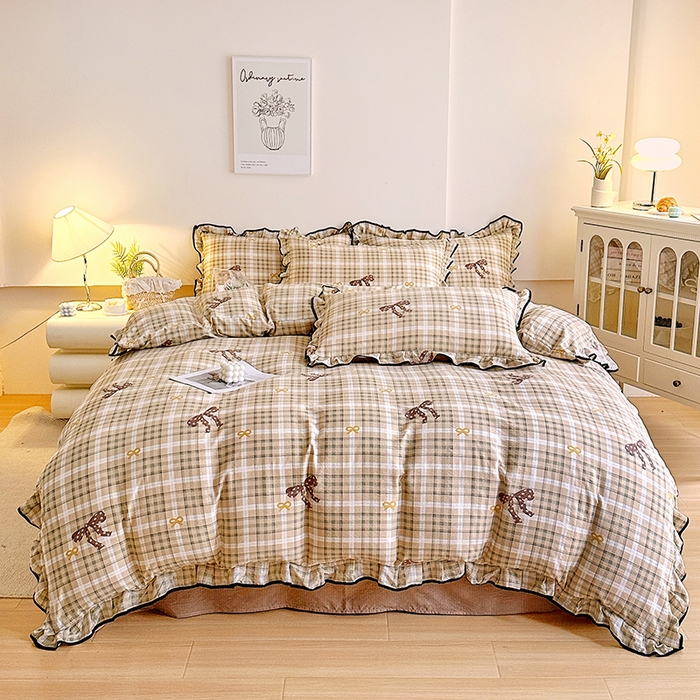 91家纺网 家纺一手货源 找家纺 绘萱家居 2026直播爆款云感皱皱纱双层纱皱皱棉花边四件套印花水洗棉 蝴蝶结-咖