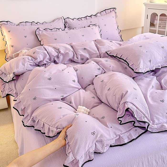 绘萱家居 2026直播爆款云感皱皱纱双层纱皱皱棉花边四件套印花水洗棉 蝴蝶恋-紫
