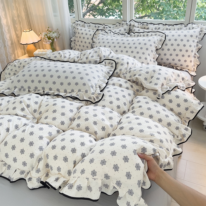 绘萱家居 2026直播爆款云感皱皱纱双层纱皱皱棉花边四件套印花水洗棉 花禧-灰