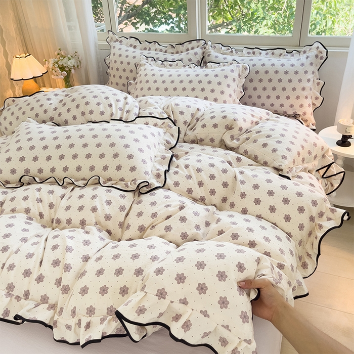 绘萱家居 2026直播爆款云感皱皱纱双层纱皱皱棉花边四件套印花水洗棉 花禧-紫