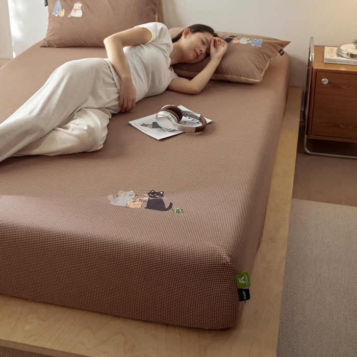 卡姿家纺 2026春夏全棉色织水洗棉文艺时尚床笠三件套 床笠-猫咪礼物