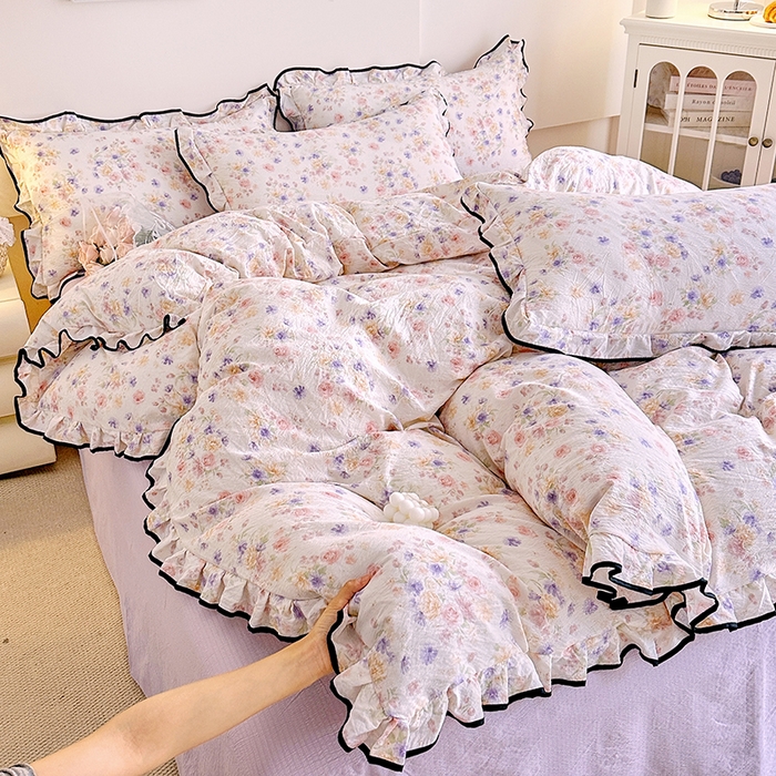 绘萱家居 2026直播爆款云感皱皱纱双层纱皱皱棉花边四件套印花水洗棉 花遇