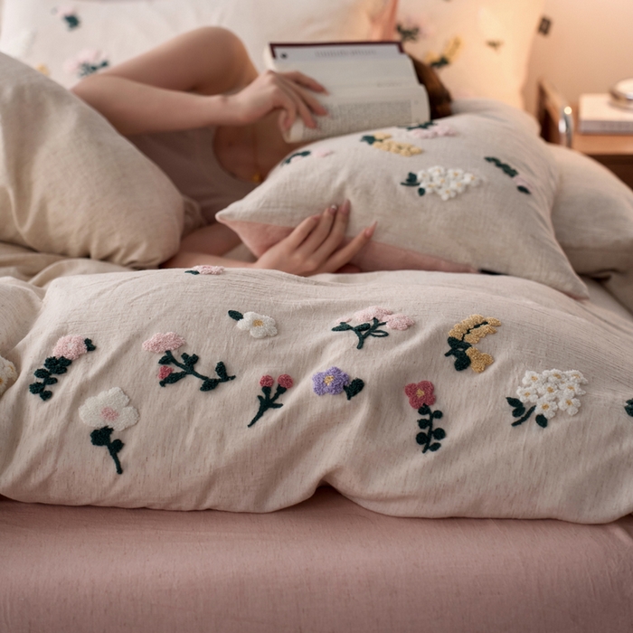 91家纺网 家纺一手货源 找家纺 卡姿家纺 2026春夏天丝棉麻裸感超柔系列四件套-紫茉 紫茉-白