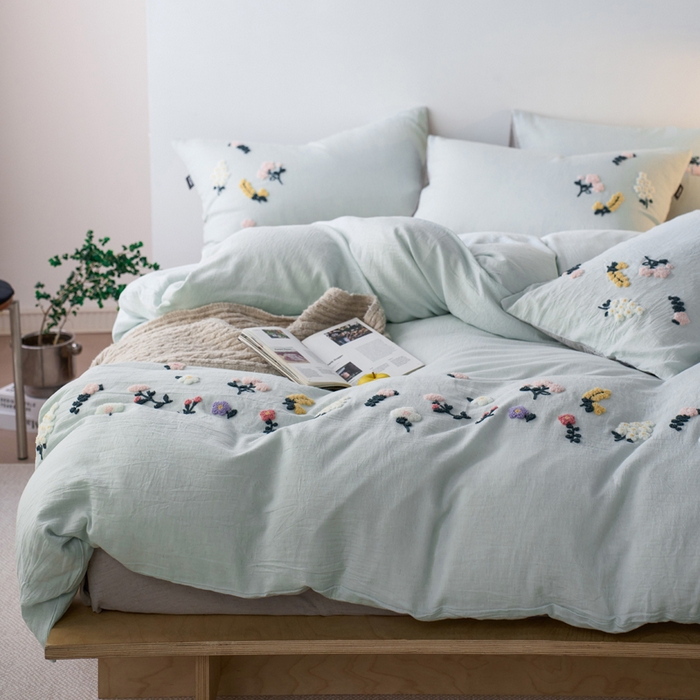 91家纺网 家纺一手货源 找家纺 卡姿家纺 2026春夏天丝棉麻裸感超柔系列四件套-紫茉 紫茉-浅蓝