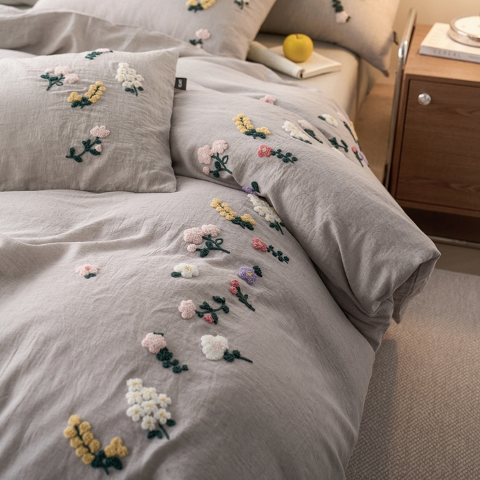 91家纺网 家纺一手货源 找家纺 卡姿家纺 2026春夏天丝棉麻裸感超柔系列四件套-紫茉 紫茉-灰