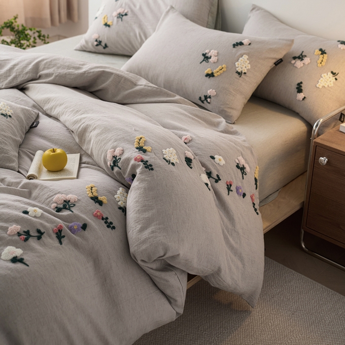 91家纺网 家纺一手货源 找家纺 卡姿家纺 2026春夏天丝棉麻裸感超柔系列四件套-紫茉 紫茉-灰