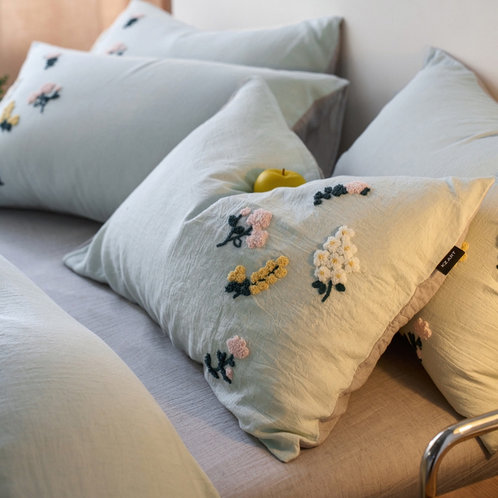 91家纺网 家纺一手货源 找家纺 卡姿家纺 2026春夏天丝棉麻裸感超柔系列四件套-紫茉 紫茉-浅蓝