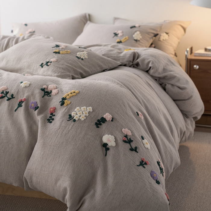 91家纺网 家纺一手货源 找家纺 卡姿家纺 2026春夏天丝棉麻裸感超柔系列四件套-紫茉 紫茉-灰