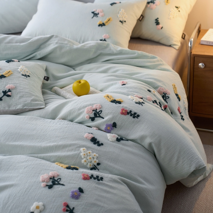 91家纺网 家纺一手货源 找家纺 卡姿家纺 2026春夏天丝棉麻裸感超柔系列四件套-紫茉 紫茉-浅蓝