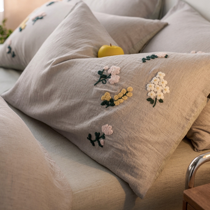 91家纺网 家纺一手货源 找家纺 卡姿家纺 2026春夏天丝棉麻裸感超柔系列四件套-紫茉 紫茉-灰