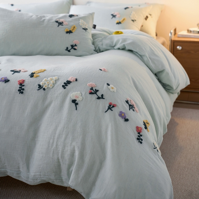 91家纺网 家纺一手货源 找家纺 卡姿家纺 2026春夏天丝棉麻裸感超柔系列四件套-紫茉 紫茉-浅蓝