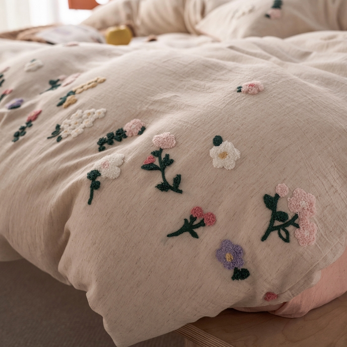 91家纺网 家纺一手货源 找家纺 卡姿家纺 2026春夏天丝棉麻裸感超柔系列四件套-紫茉 紫茉-白