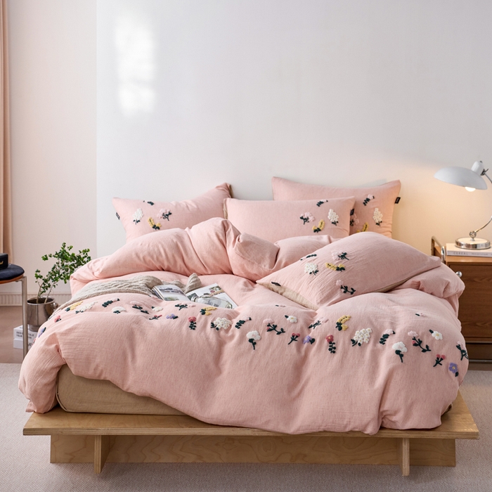 91家纺网 家纺一手货源 找家纺 卡姿家纺 2026春夏天丝棉麻裸感超柔系列四件套-紫茉 紫茉-粉