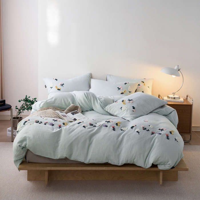 91家纺网 家纺一手货源 找家纺 卡姿家纺 2026春夏天丝棉麻裸感超柔系列四件套-紫茉 紫茉-浅蓝