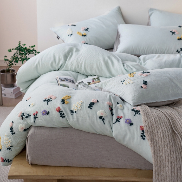 91家纺网 家纺一手货源 找家纺 卡姿家纺 2026春夏天丝棉麻裸感超柔系列四件套-紫茉 紫茉-浅蓝