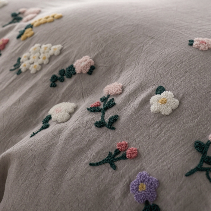 91家纺网 家纺一手货源 找家纺 卡姿家纺 2026春夏天丝棉麻裸感超柔系列四件套-紫茉 紫茉-灰