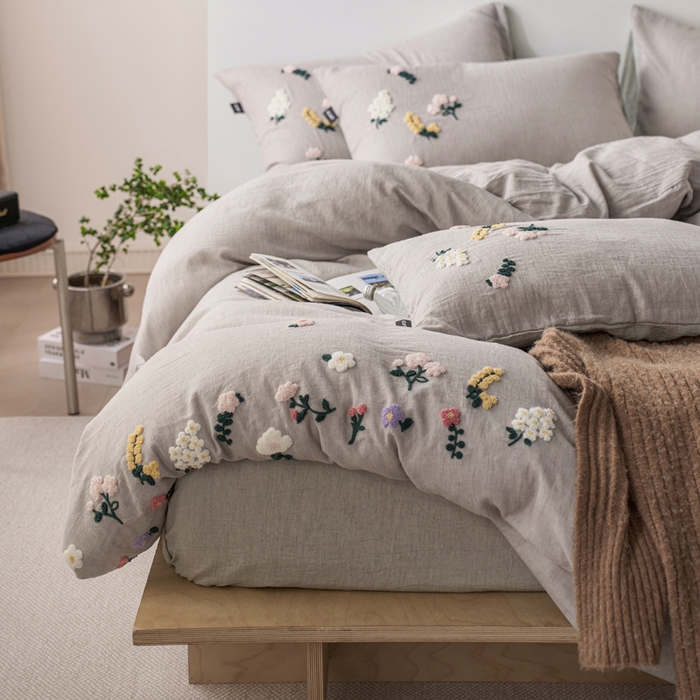 91家纺网 家纺一手货源 找家纺 卡姿家纺 2026春夏天丝棉麻裸感超柔系列四件套-紫茉 紫茉-灰