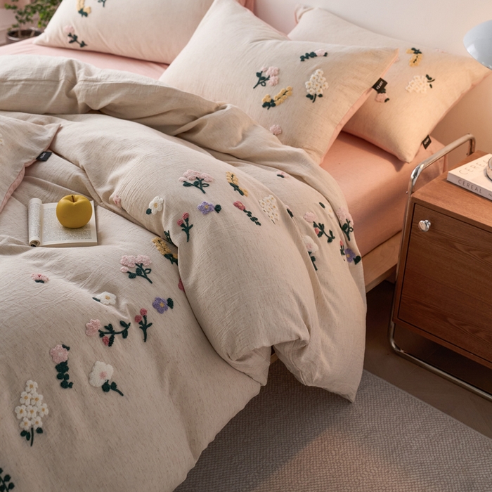 91家纺网 家纺一手货源 找家纺 卡姿家纺 2026春夏天丝棉麻裸感超柔系列四件套-紫茉 紫茉-白