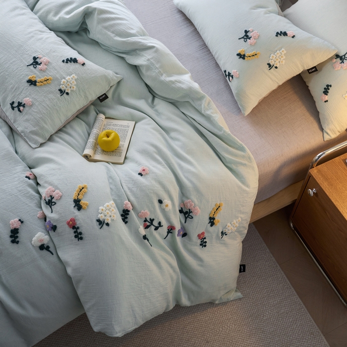 91家纺网 家纺一手货源 找家纺 卡姿家纺 2026春夏天丝棉麻裸感超柔系列四件套-紫茉 紫茉-浅蓝